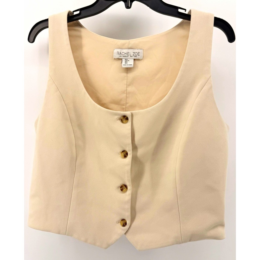 Rachel Zoe Women's Beige Knit Sleeveless Button-Up Cropped Scoop Neck size L